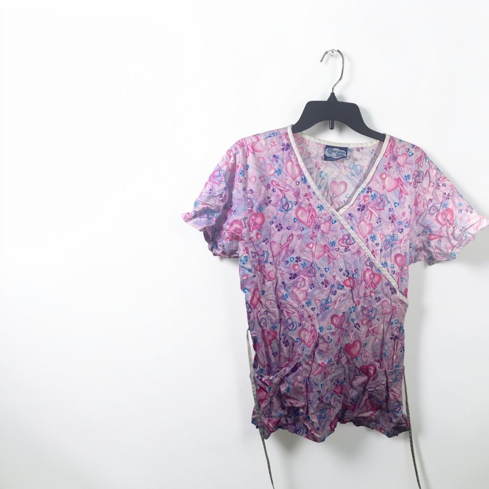 Comfy Cotton Scrubs Pink Purple Heart Ribbon Mock Wrap Top Medical Uniform L